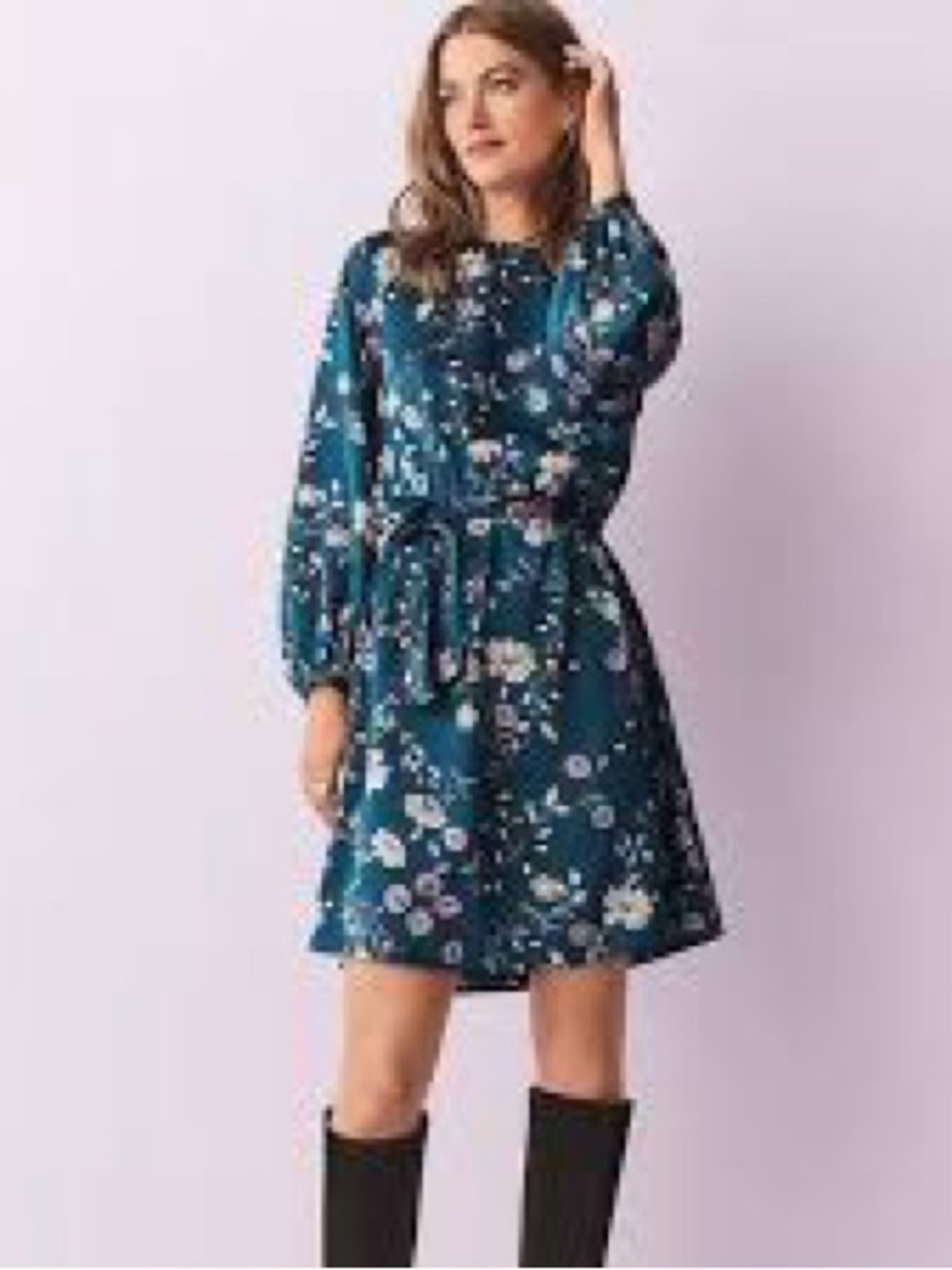 Ann Taylor Satin Floral Tie-Waist Long-Sleeve Dress